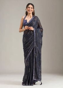Koskii Blue Floral Stonework Chiffon Saree