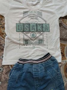 Kids White Osaka T-shirt &amp; Denim Shorts Set
