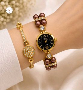 Elegant Gold Pearl Watch &amp; Bracelet Set