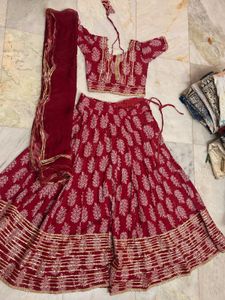 Maroon Printed Lehenga Choli Set with Dupatta