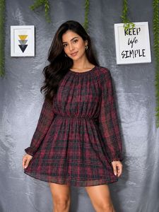MANGO Red Plaid Long Sleeve Dress
