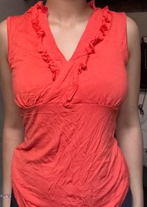 Coral Ruffle Neck Sleeveless Top