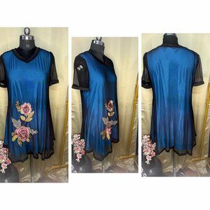 Blue Embroidered Mesh Sleeve Kurta