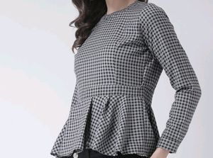 Pinwheel- Grey Checked Peplum Top, S-SIZE