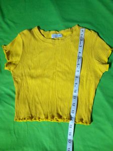 Korean Yellow Lettuce Trim Rib-knit Crop Top Tee