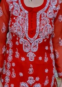 Red Chikankari Kurti Set With Sharara