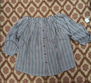 Striped Off-Shoulder Button-Up Top