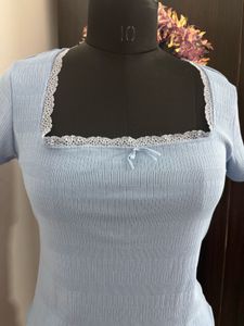 Baby Blue Ribbed Top with Lace Trim