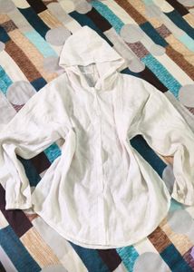 White Hooded Button-Down Tunic Top