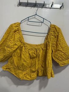 Yellow Eyelet Puff Sleeve Crop Top