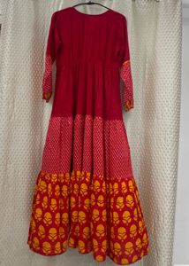 Beautiful Red &amp; Yellow Tiered Anarkali Gown