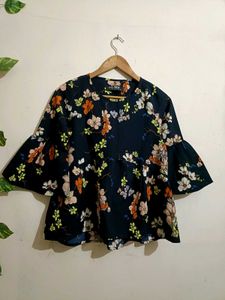 Chic Navy Floral Bell Sleeve Top