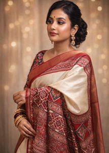 Elegant Cream &amp; Red Silk Saree