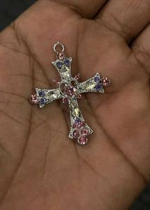 Gothic cross blue and pink gems pendant, unisex