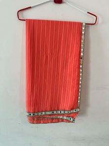 Orange Striped Saree with Mirror Work Border
