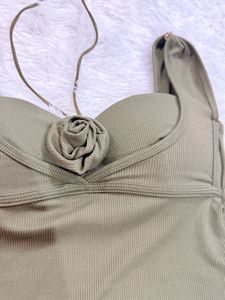 Olive Green Ribbed Crop Top with Rose Detail