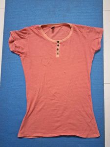 Coral Striped Henley T-Shirt