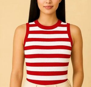 Red & White Striped Knit Tank Top