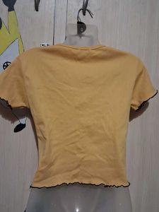 Yellow Button-Up Cropped Top with Sun Graphic
