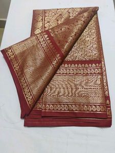 Maroon &amp; Gold Brocade Silk Saree