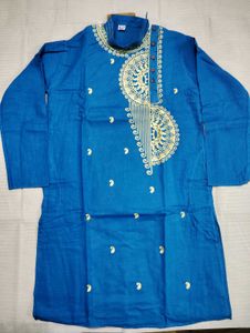 Men's Blue Kurta (Punjabi) with Golden Embroidery