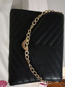 Black Purse With Gold Chain Strip Matte Finish