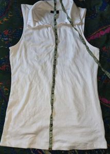 Sleeveless White Ribbed Polo Top