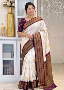 Elegant White & Purple Saree
