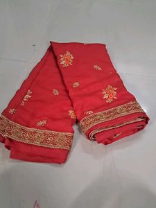 Vibrant Red Embroidered Saree
