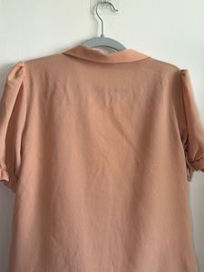 Peach Puff Sleeve Button-Up Blouse