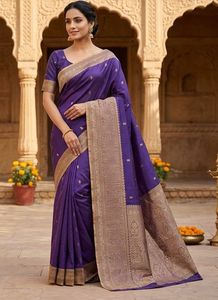 Purple Saree with Gold Border and Blouse