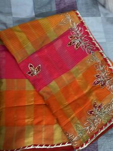 Vibrant Checked Saree with Floral Embroidery