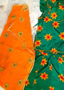 #Green Floral Print Lehenga Choli Set