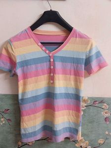 Rainbow Striped V-Neck T-Shirt