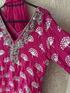 Vibrant Pink Kurta Set with Silver Print