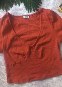 Cute Rusty Orange V-Neck Crop Top