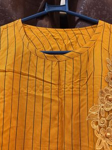 Yellow Striped Kurta with Lace