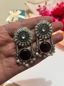 Ethnic Oxidized Silver Earrings with Maroon Stones