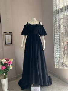 Elegant Off-Shoulder Black Tulle Gown