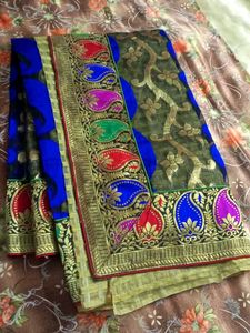 Embroidered Blue & Green Saree