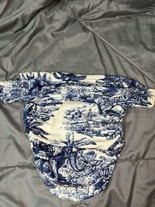 Blue and White Printed Ruched Top