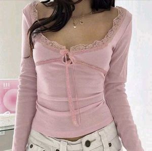 Cute Coquette Lace Trim Long Sleeve Top