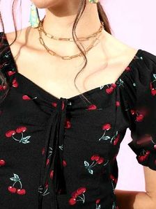 Cute Cherry Print Puff Sleeve Dress