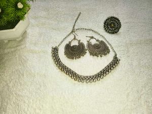 Oxidised Silver Necklace Earring Ring Set