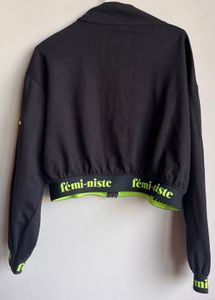 Black "Femi-niste" Cropped Zip-Up Jacket