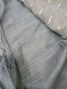Elegant Grey Saree with Golden Stripes