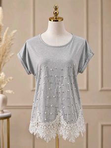 Grey Lace Trim Pearl Embellished Top