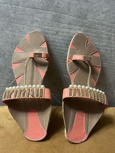 Embellished Coral &amp; Tan Flat Sandals
