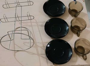 Set of 3 Smoked Glass Cups &amp; Saucers with stand