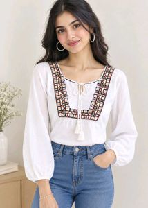 🤍 Boho Embroidered Milky White Top